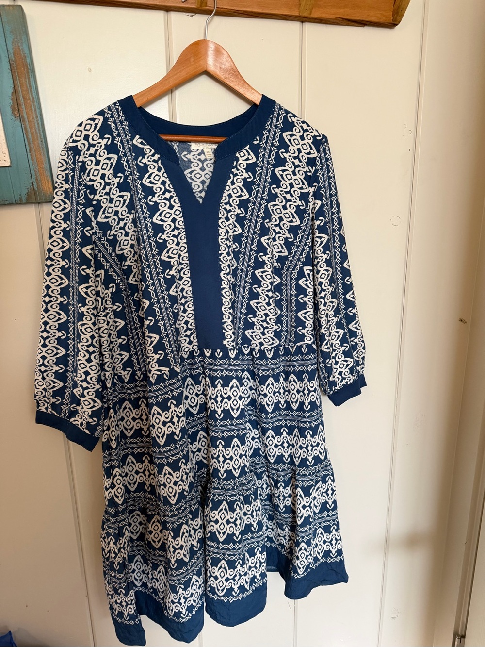 Fig + Flower 2X Navy Cream Ikat Boho Tiered Dress NWT